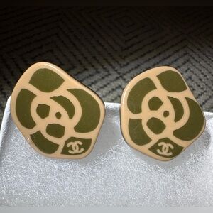 CHANEL Olive Green and Beige Camellia Earrings